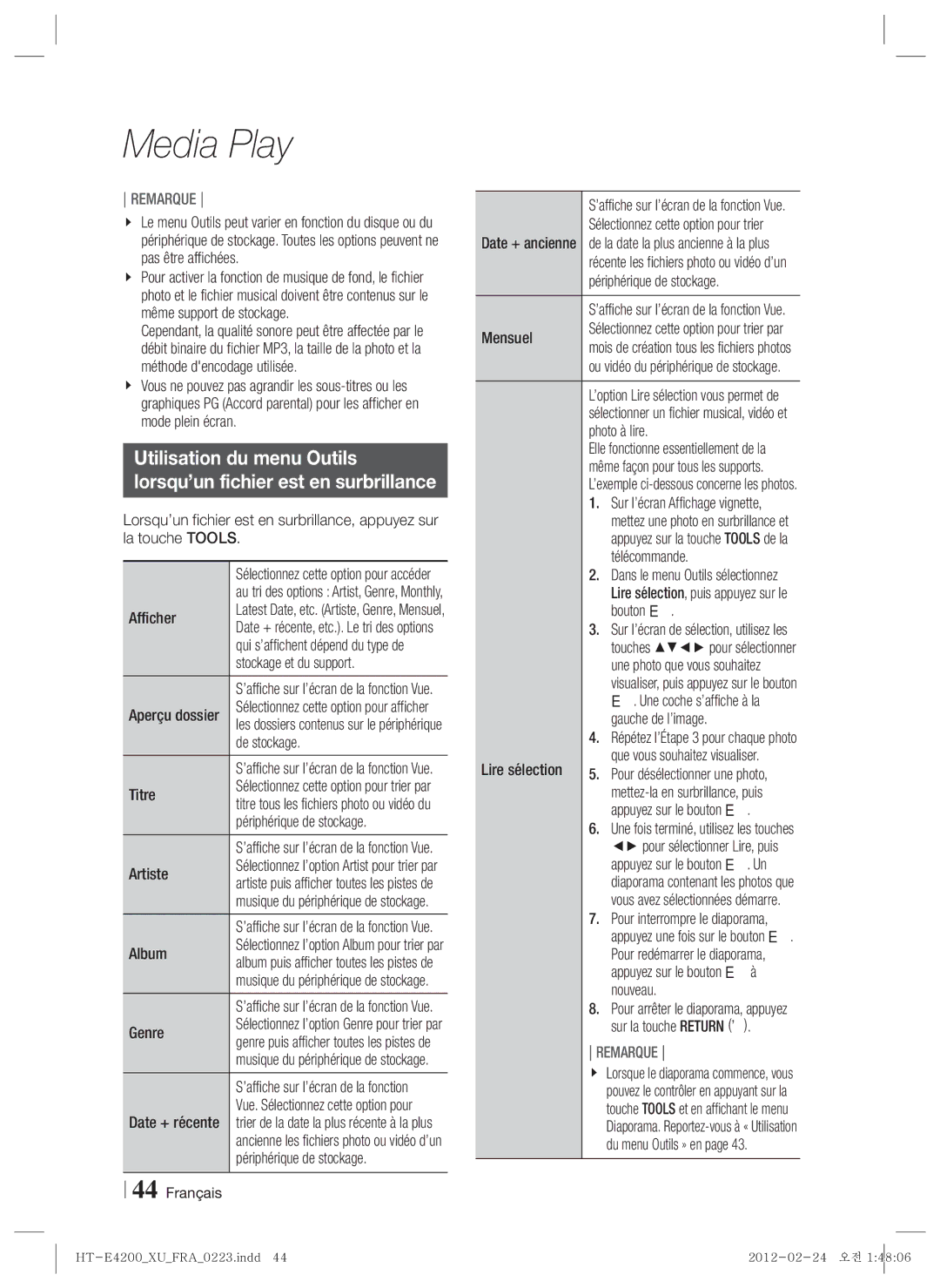 Samsung HT-ES4200/ZF Afficher, Stockage et du support, De stockage, Titre, Périphérique de stockage, Artiste, Album, Genre 