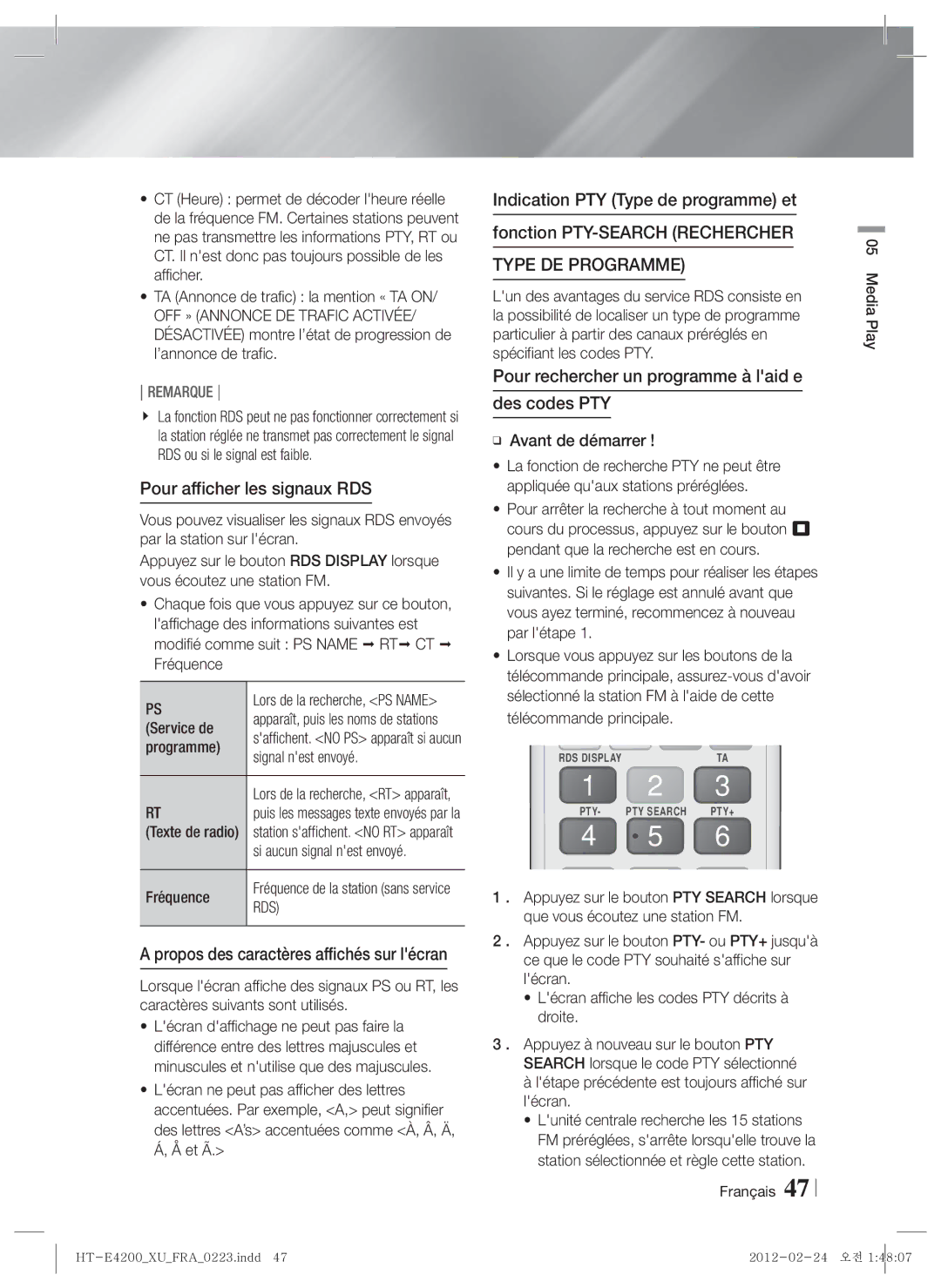 Samsung HT-ES4200/EN, HT-ES4200/XN manual Pour afficher les signaux RDS, Pour rechercher un programme à laid e Des codes PTY 