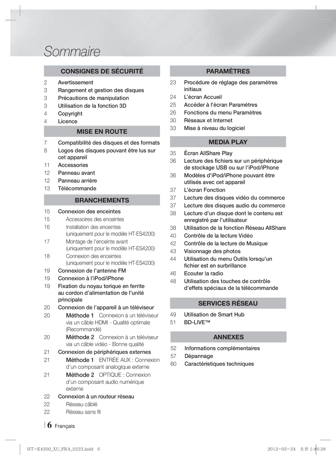 Samsung HT-E4200/EN, HT-ES4200/XN, HT-ES4200/EN manual Sommaire, 35 Écran AllShare Play, Utilisation de Smart Hub, Bd-Live 