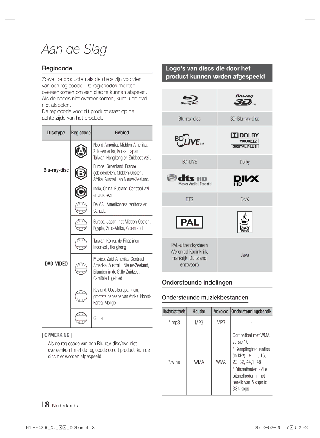 Samsung HT-ES4200/XN, HT-E4200/EN, HT-ES4200/EN manual Regiocode, Ondersteunde indelingen, Ondersteunde muziekbestanden 