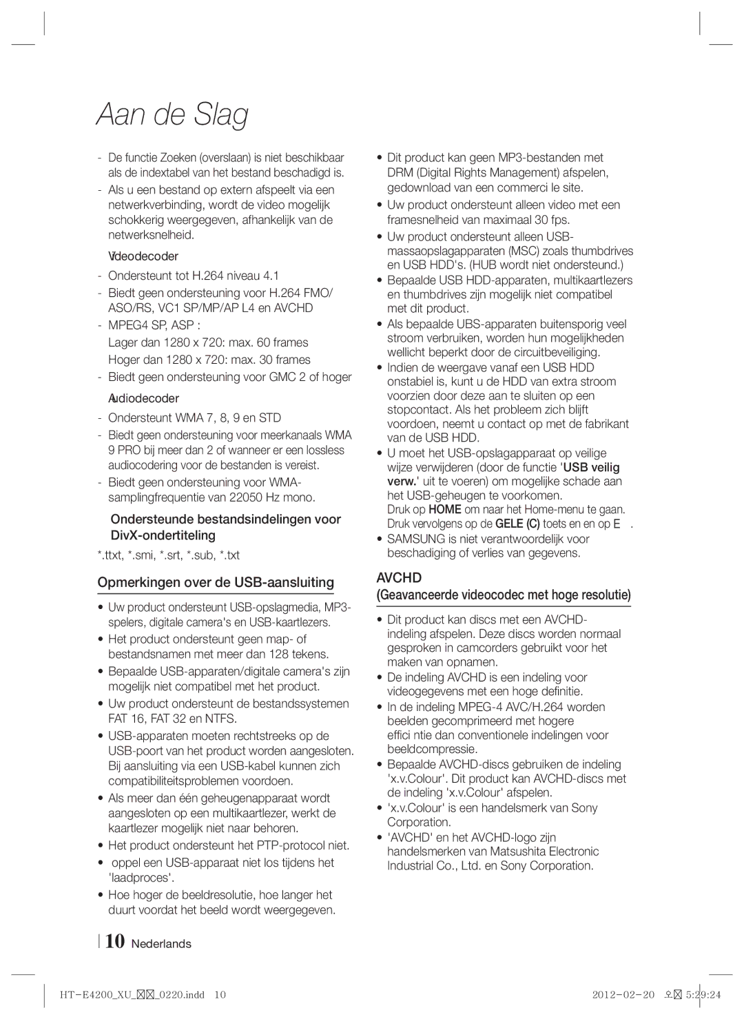 Samsung HT-ES4200/EN, HT-ES4200/XN manual Opmerkingen over de USB-aansluiting, Geavanceerde videocodec met hoge resolutie 