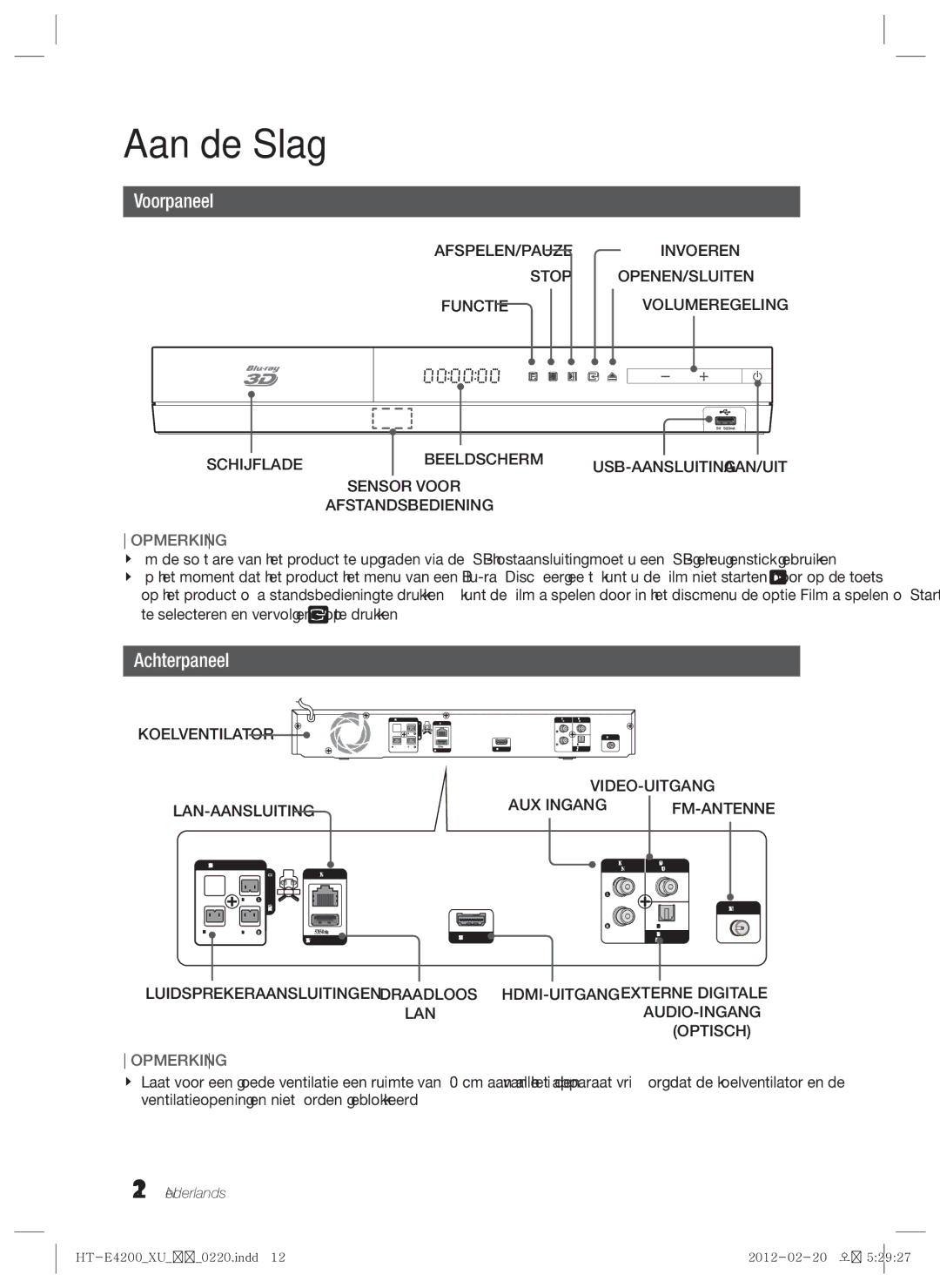 Samsung HT-ES4200/ZF, HT-ES4200/XN, HT-E4200/EN, HT-ES4200/EN, HT-E4200/ZF manual Voorpaneel, Achterpaneel 