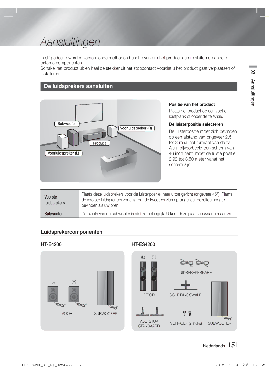 Samsung HT-ES4200/EN manual Aansluitingen, De luidsprekers aansluiten, Luidsprekercomponenten, Positie van het product 