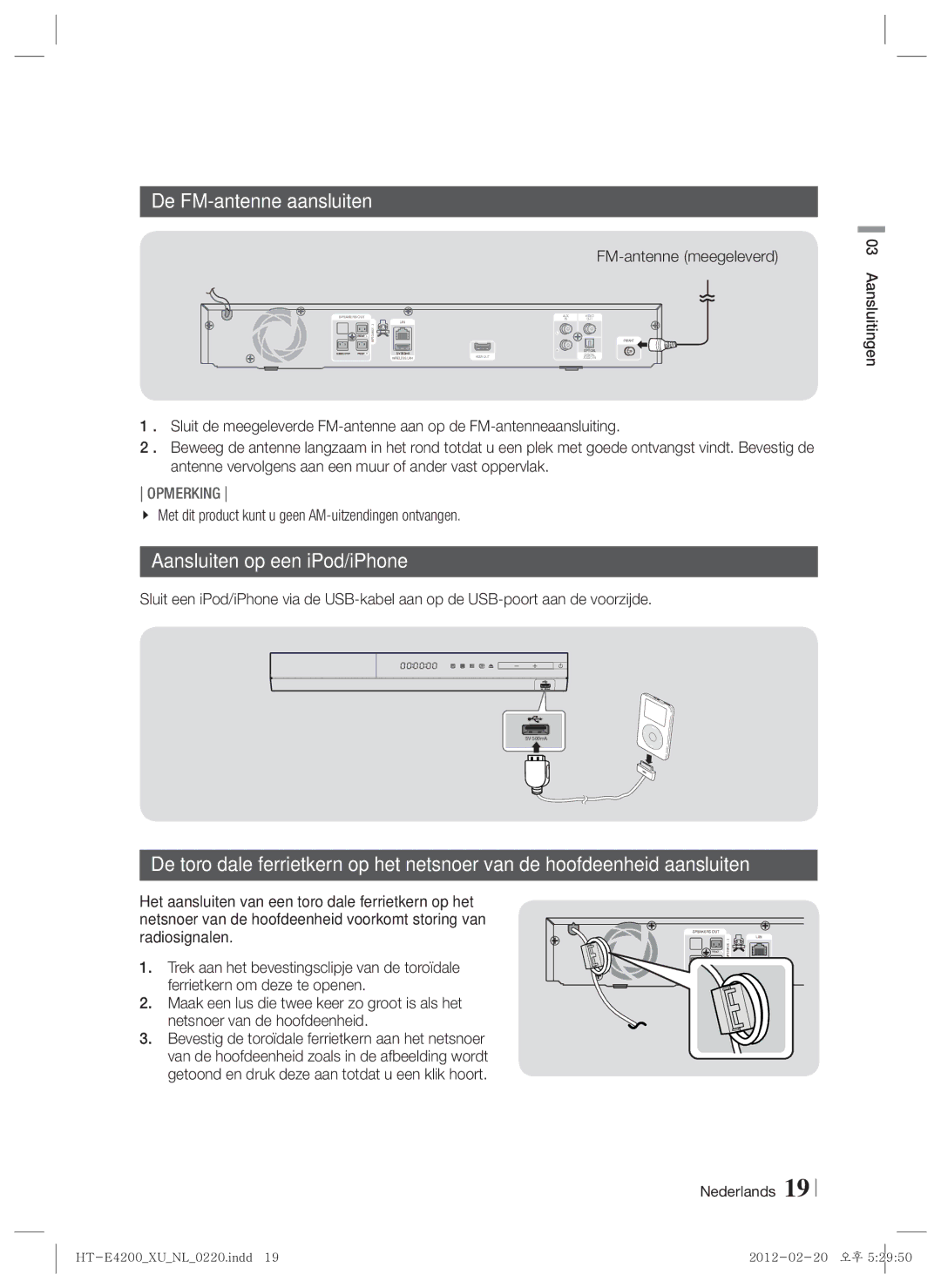 Samsung HT-E4200/EN, HT-ES4200/XN manual De FM-antenne aansluiten, Aansluiten op een iPod/iPhone, FM-antenne meegeleverd 