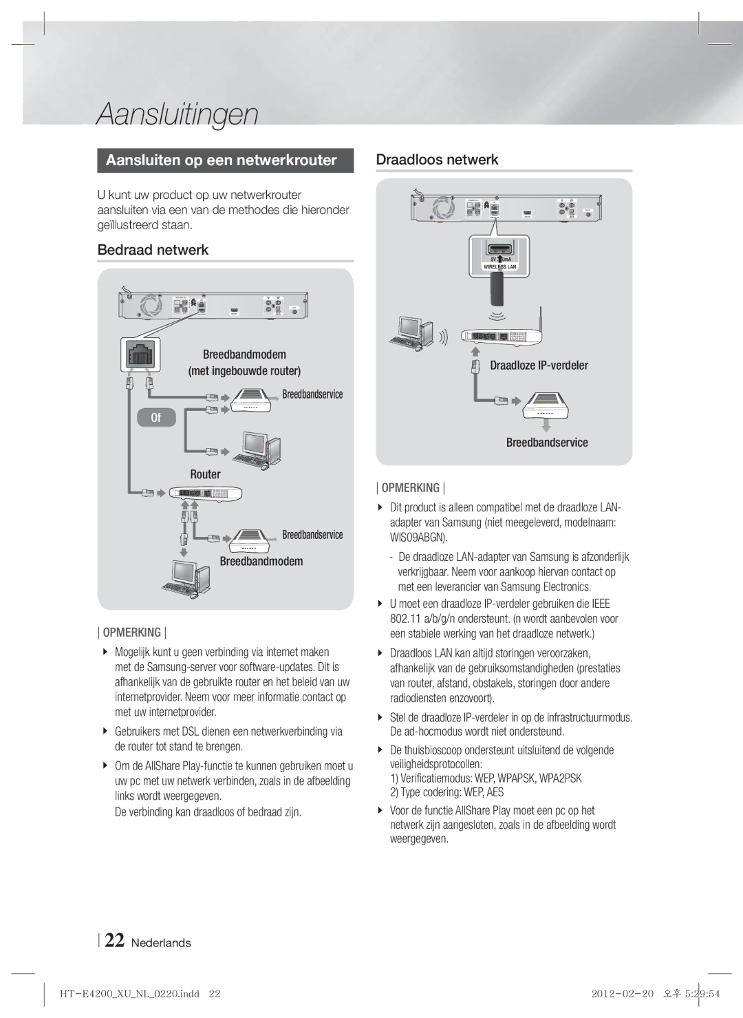 Samsung HT-ES4200/ZF, HT-ES4200/XN, HT-E4200/EN, HT-ES4200/EN, HT-E4200/ZF Aansluiten op een netwerkrouter, Bedraad netwerk 