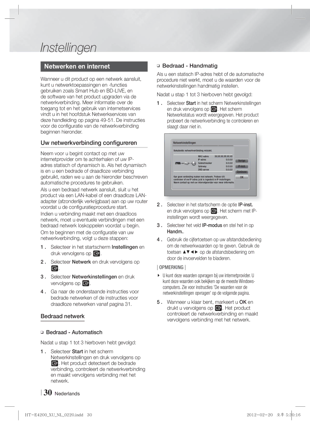 Samsung HT-ES4200/EN manual Netwerken en internet, Uw netwerkverbinding configureren, Bedraad netwerk, Bedraad Handmatig 