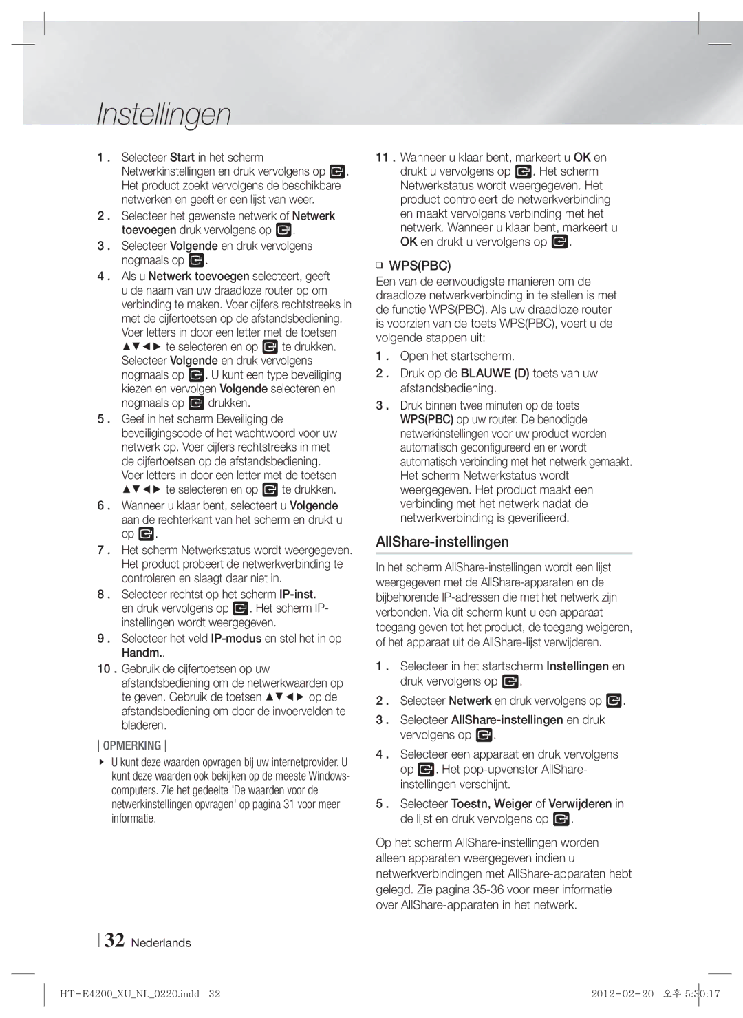 Samsung HT-ES4200/ZF, HT-ES4200/XN, HT-E4200/EN, HT-ES4200/EN, HT-E4200/ZF manual AllShare-instellingen 