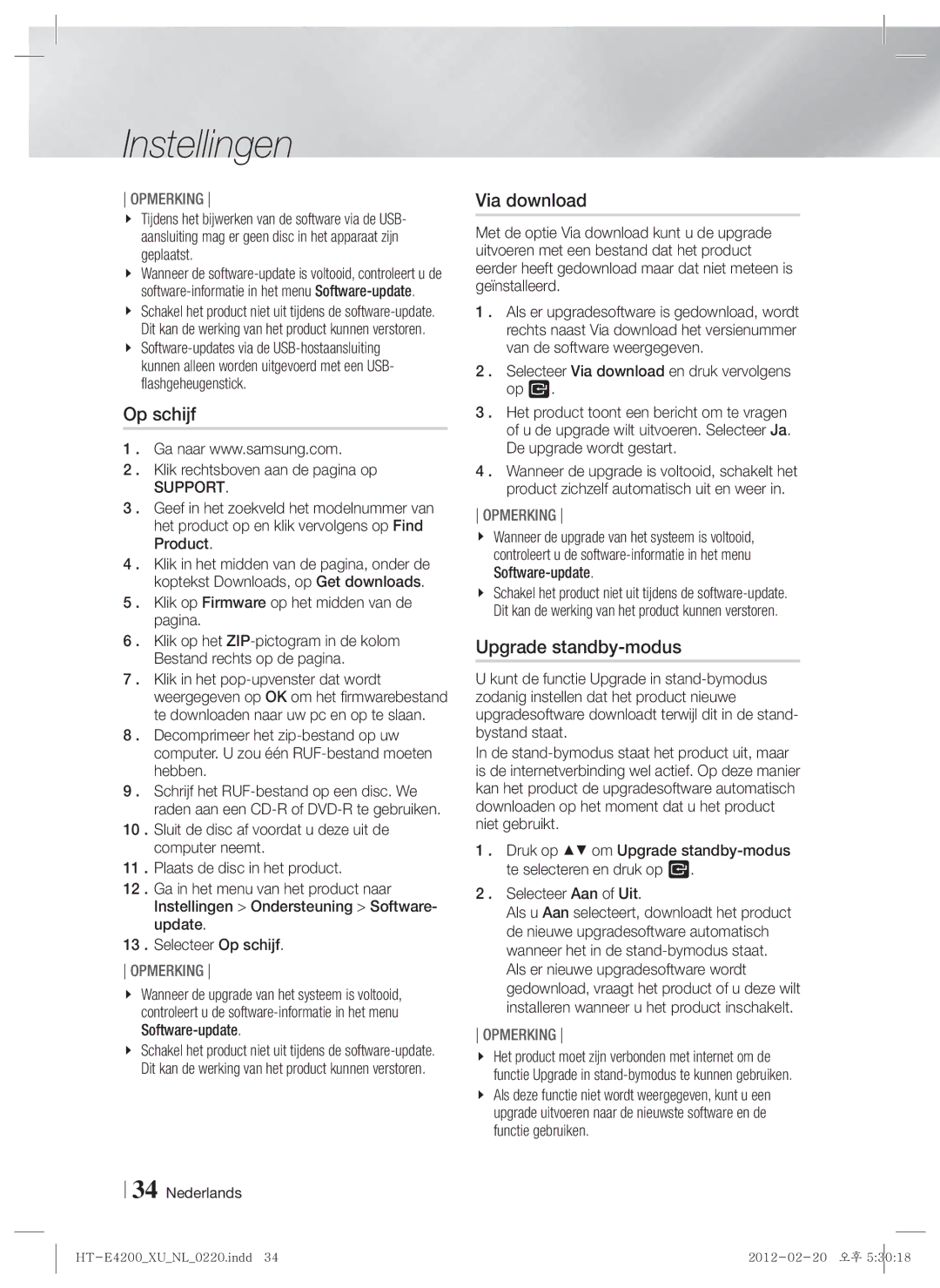 Samsung HT-E4200/EN, HT-ES4200/XN, HT-ES4200/EN, HT-E4200/ZF, HT-ES4200/ZF Op schijf, Via download, Upgrade standby-modus 