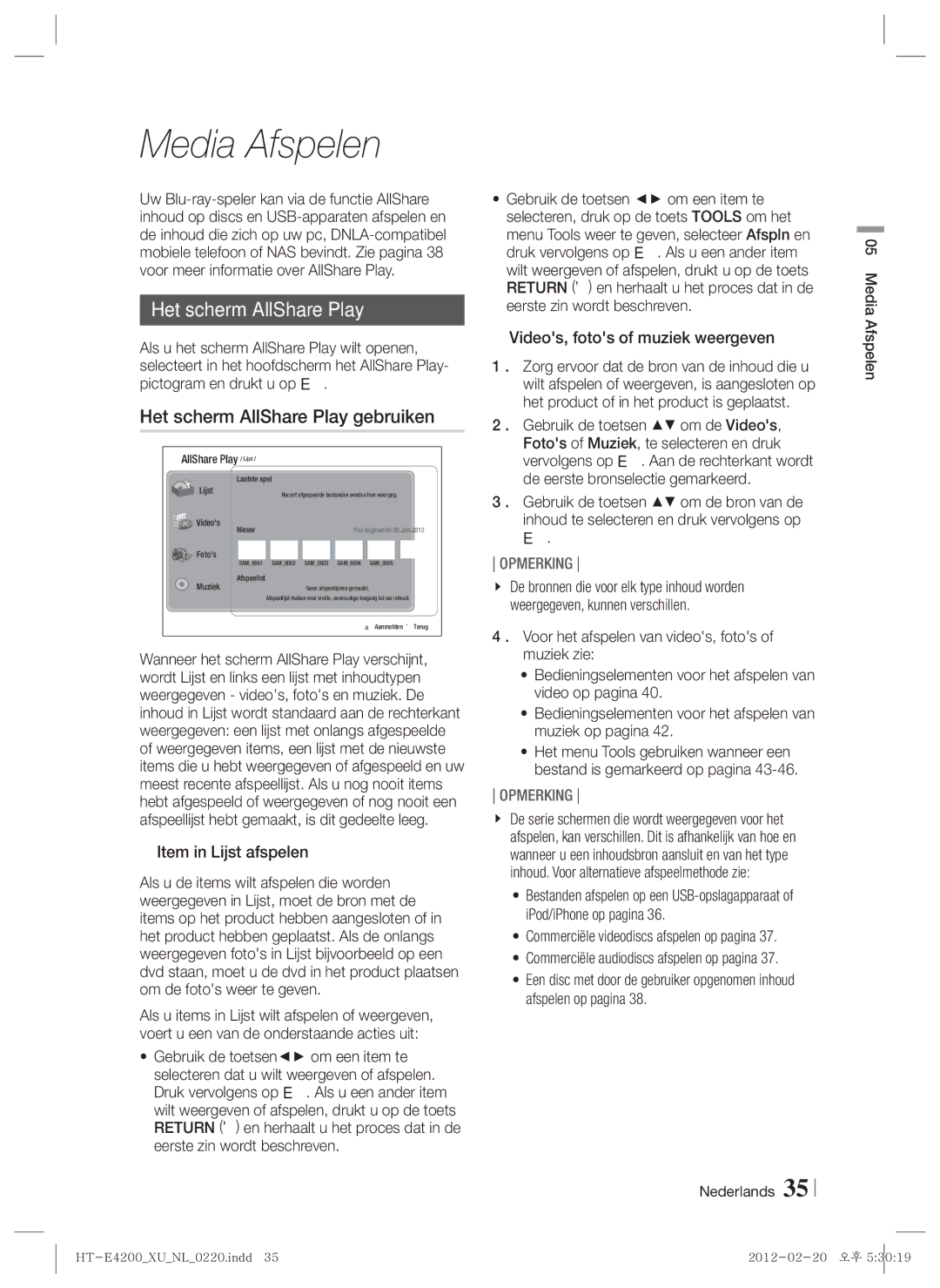 Samsung HT-ES4200/EN, HT-ES4200/XN manual Media Afspelen, Het scherm AllShare Play gebruiken, Item in Lijst afspelen 