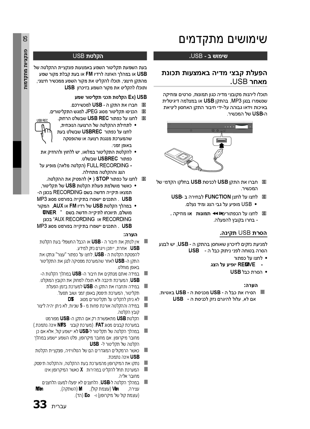 Samsung HT-ES420K/SQ manual םימדקתמ םישומיש, תנוכת תועצמאב הידמ יצבק תלעפה Usb רחאמ, Usb תטלקה, Usb ב שומיש, הניקת Usb תרסה 