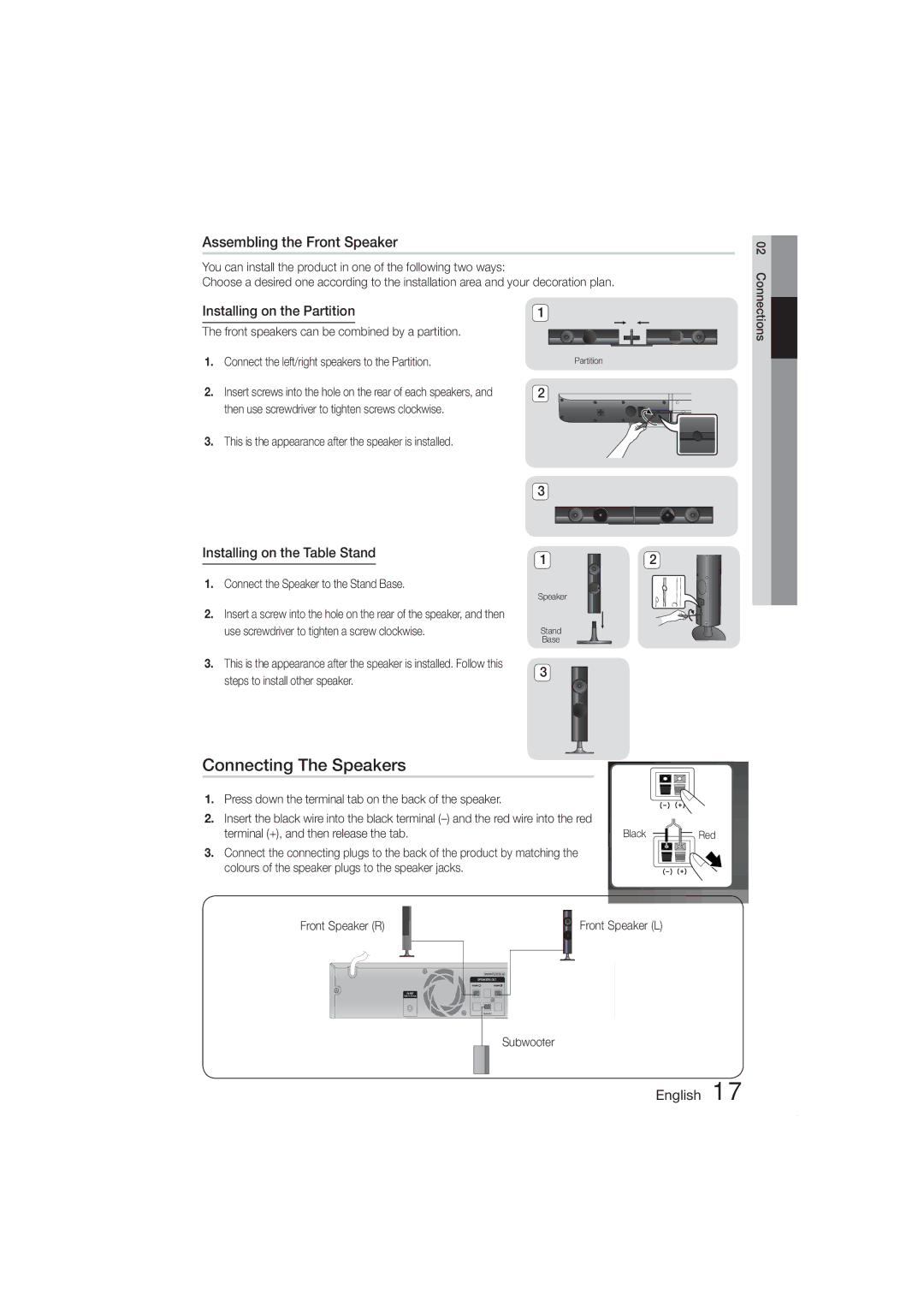 Samsung HT-ES420K/SQ manual Connecting The Speakers, Assembling the Front Speaker, Installing on the Partition 