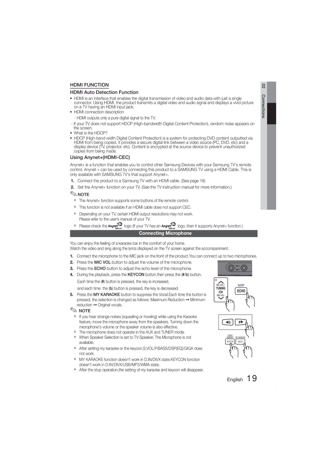 Samsung HT-ES420K/SQ manual Using Anynet+HDMI-CEC, Connecting Microphone 