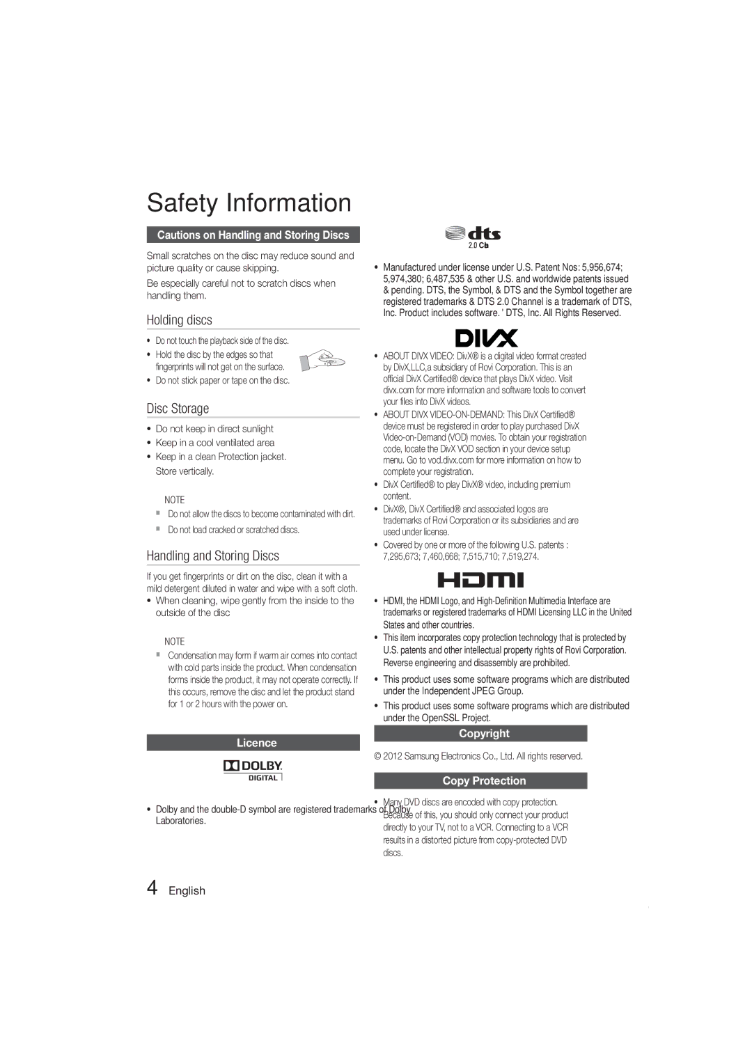 Samsung HT-ES420K/SQ manual Holding discs, Disc Storage, Handling and Storing Discs, Licence, Copyright Copy Protection 