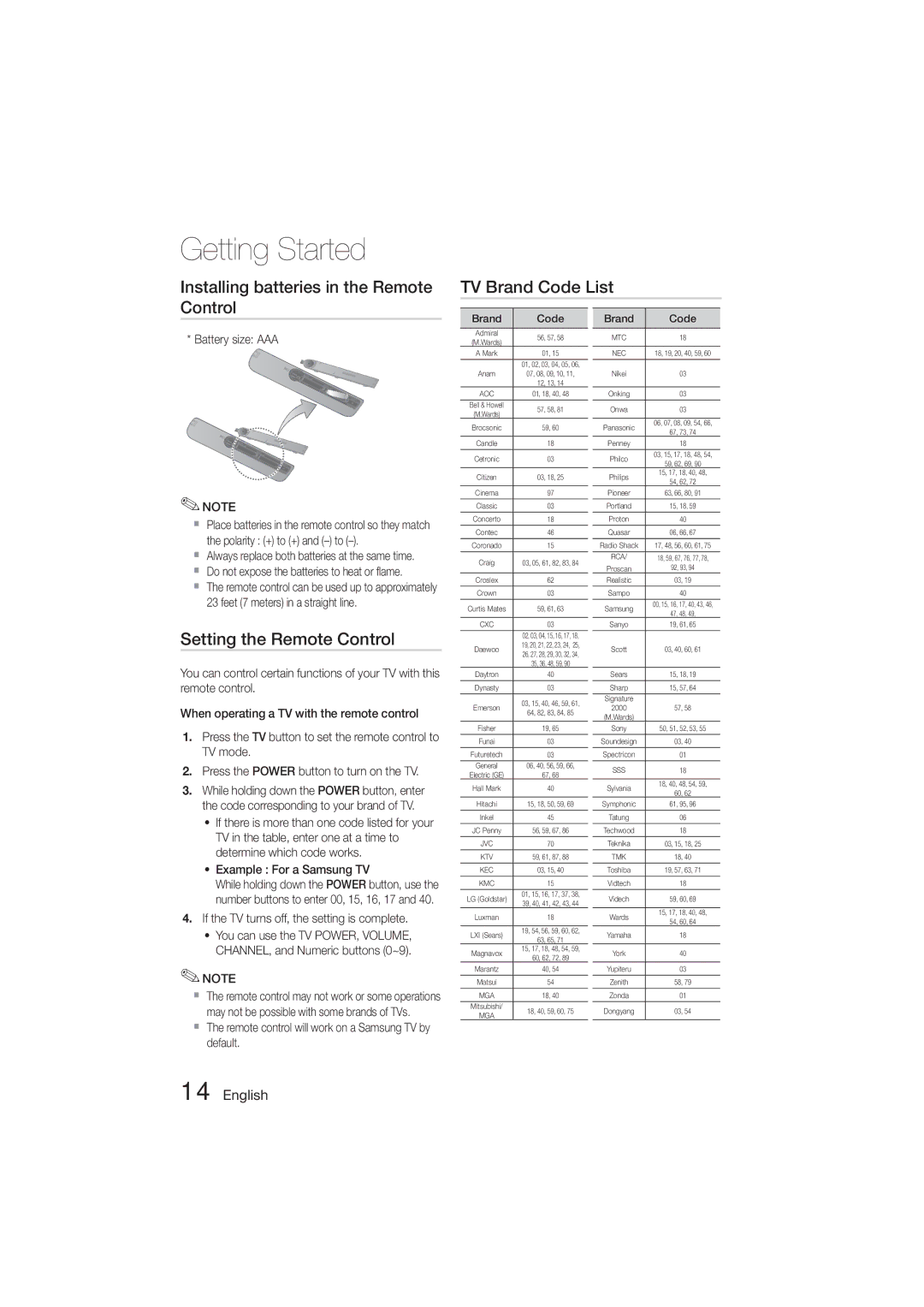 Samsung HT-ES455K/XV manual Setting the Remote Control, Battery size AAA,  Do not expose the batteries to heat or flame 