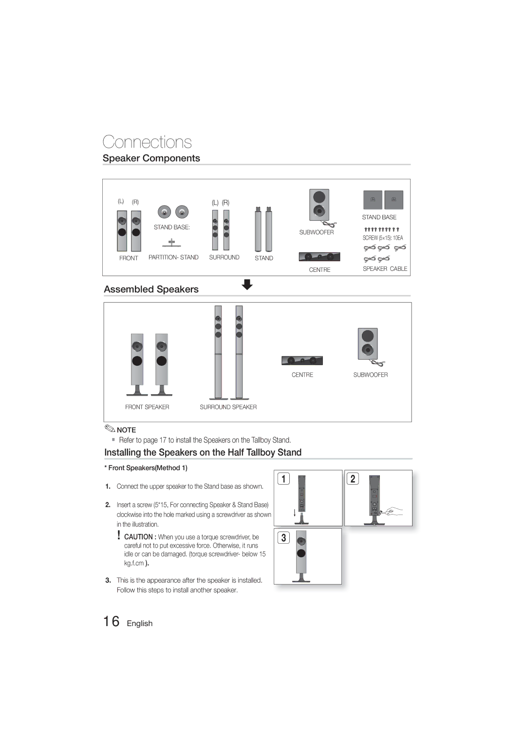 Samsung HT-ES455K/XV manual Speaker Components, Assembled Speakers, Installing the Speakers on the Half Tallboy Stand 