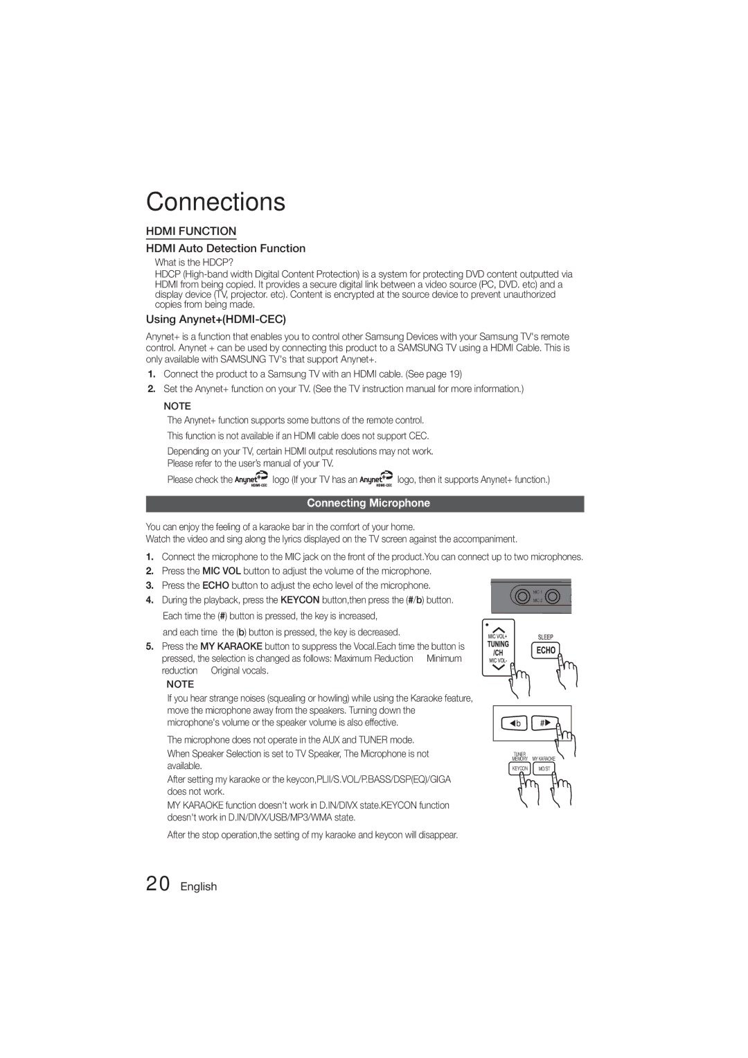 Samsung HT-ES455K/XV, HT-ES455K/SQ manual Using Anynet+HDMI-CEC, Connecting Microphone, Reduction Original vocals 