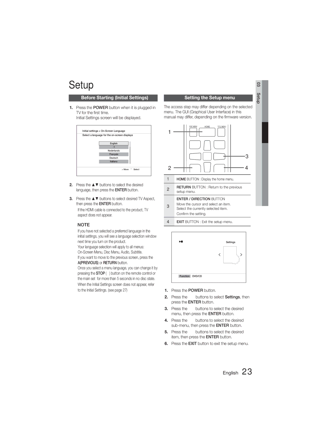 Samsung HT-ES455K/SQ, HT-ES455K/XV manual Before Starting Initial Settings, Setting the Setup menu 