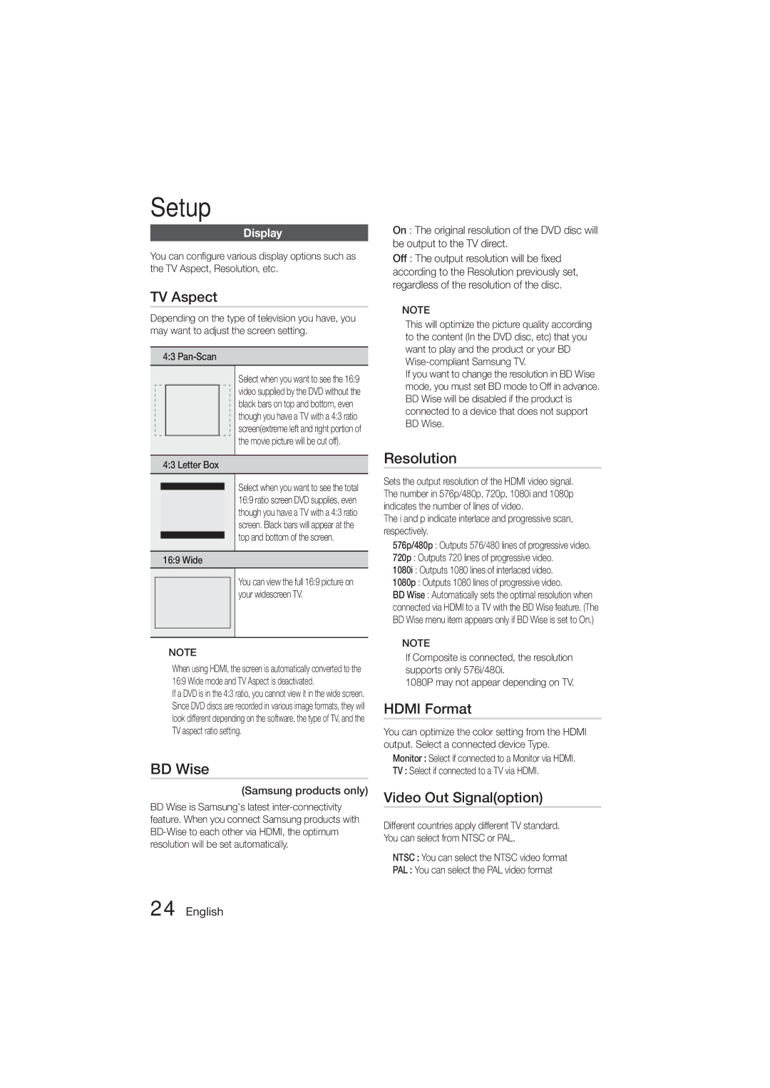 Samsung HT-ES455K/XV, HT-ES455K/SQ manual TV Aspect, BD Wise, Resolution, Hdmi Format, Video Out Signaloption 