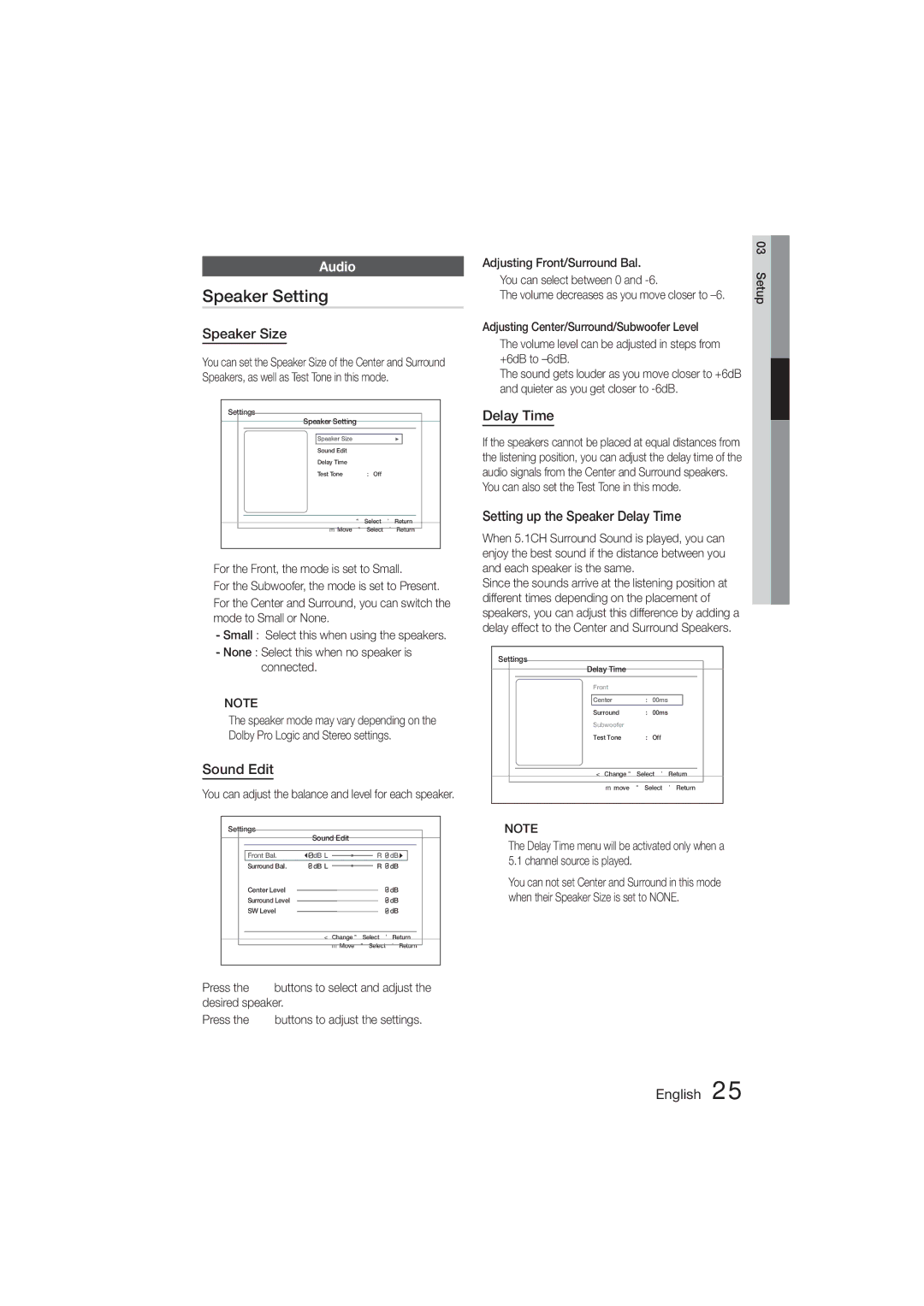 Samsung HT-ES455K/SQ, HT-ES455K/XV manual Speaker Setting, Audio 