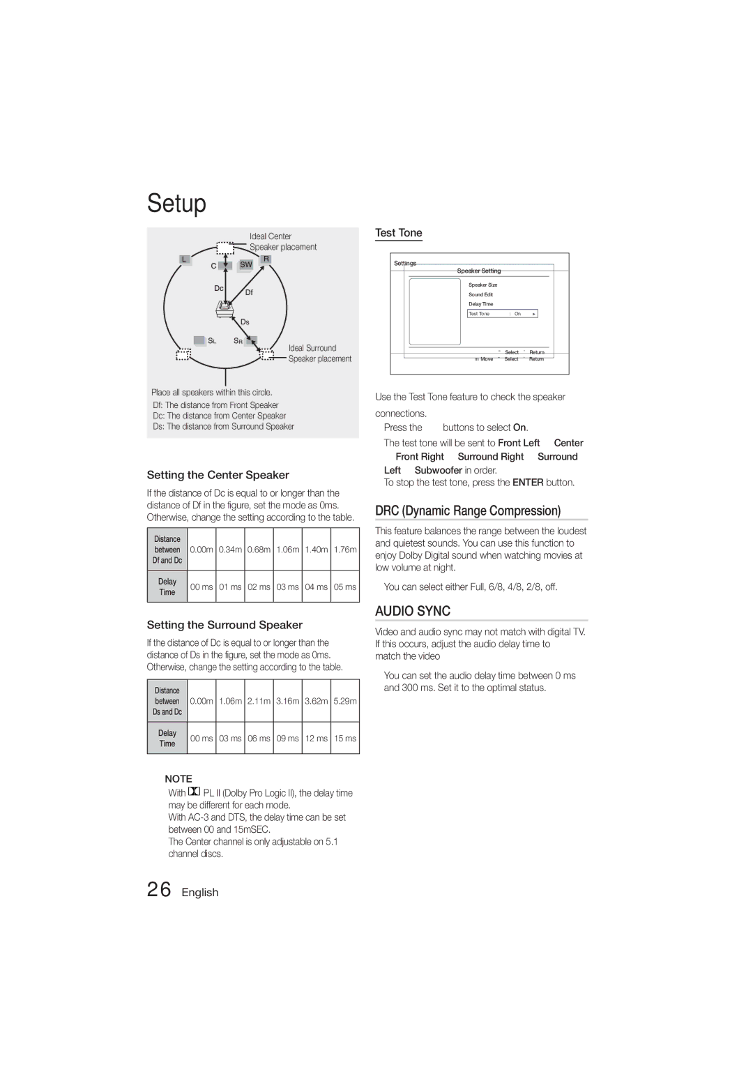 Samsung HT-ES455K/XV DRC Dynamic Range Compression, Setting the Center Speaker, Setting the Surround Speaker, Test Tone 