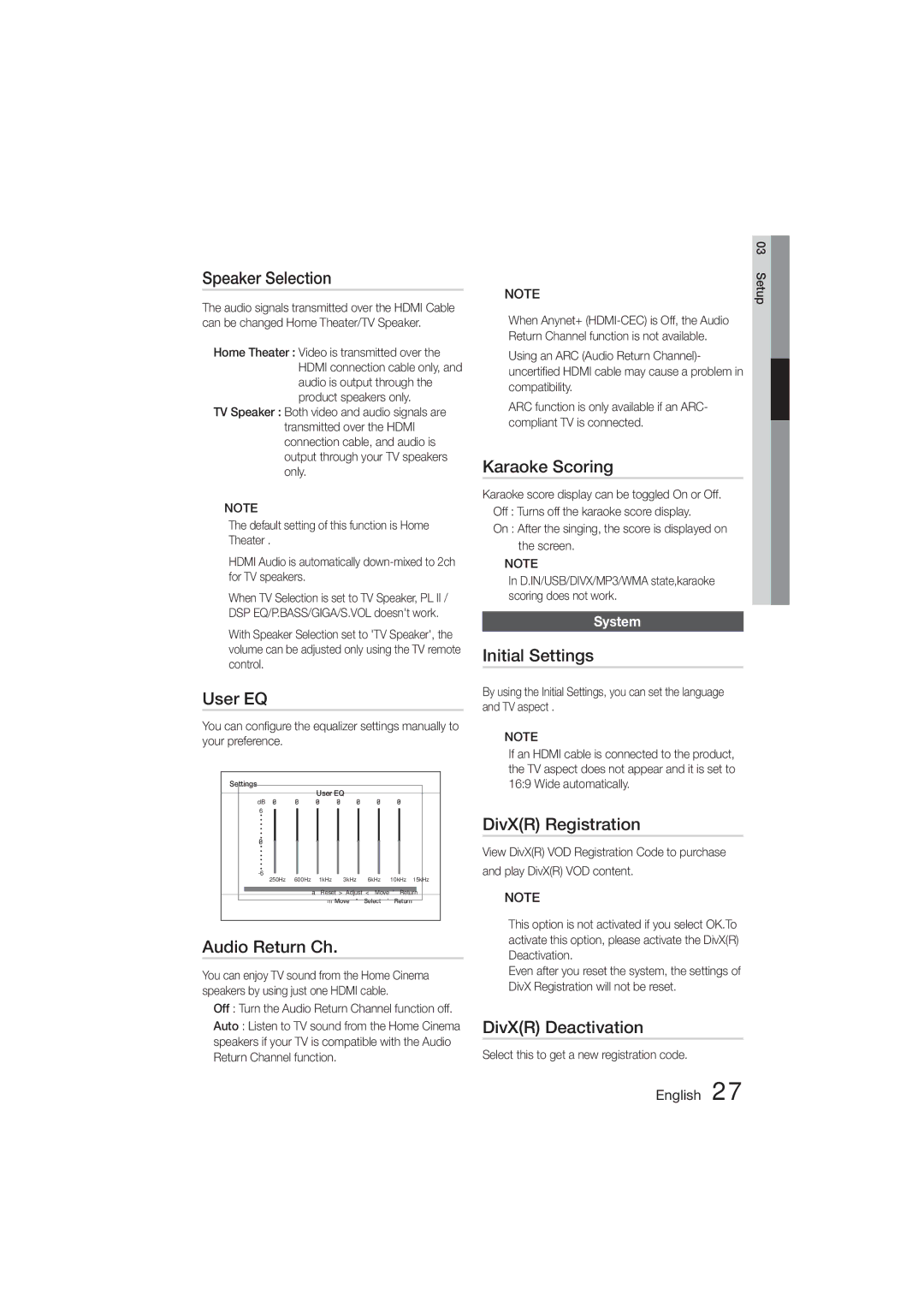 Samsung HT-ES455K/SQ Speaker Selection, User EQ, Audio Return Ch, Karaoke Scoring, Initial Settings, DivXR Registration 