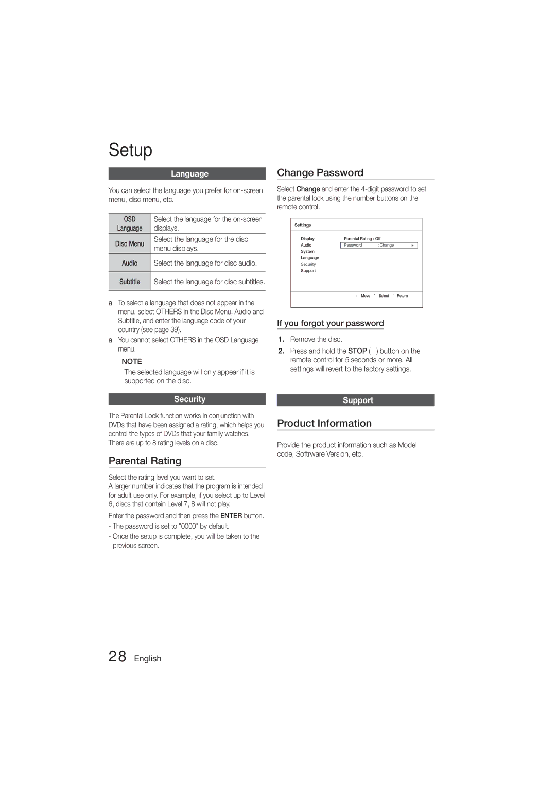 Samsung HT-ES455K/XV, HT-ES455K/SQ manual Change Password, Parental Rating, Product Information 