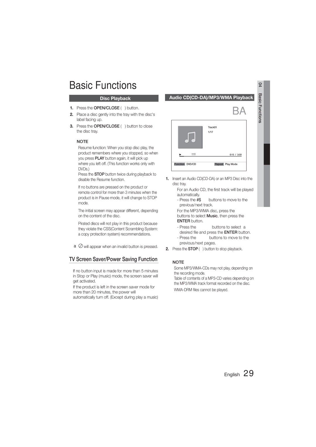 Samsung HT-ES455K/SQ Basic Functions, Disc Playback, Audio CDCD-DA/MP3/WMA Playback,  WMA-DRM files cannot be played 