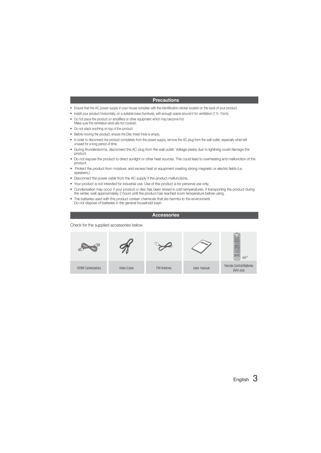 Samsung HT-ES455K/SQ, HT-ES455K/XV manual Precautions, Accessories, Check for the supplied accessories below 