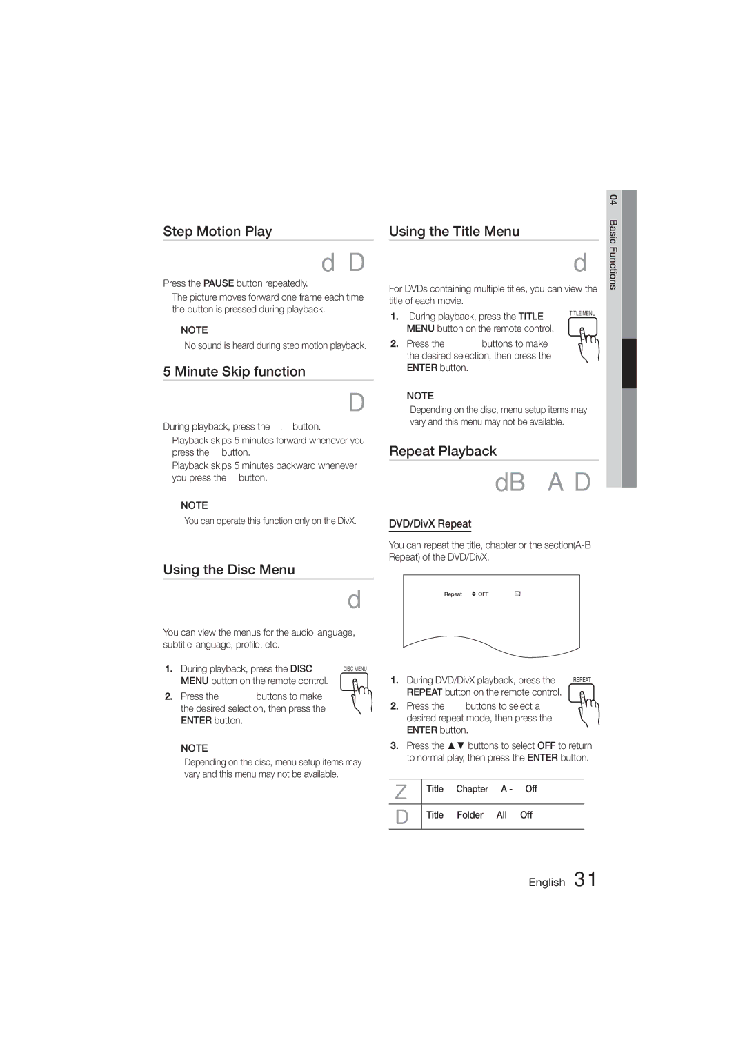 Samsung HT-ES455K/SQ Step Motion Play, Minute Skip function, Using the Disc Menu, Using the Title Menu, Repeat Playback 