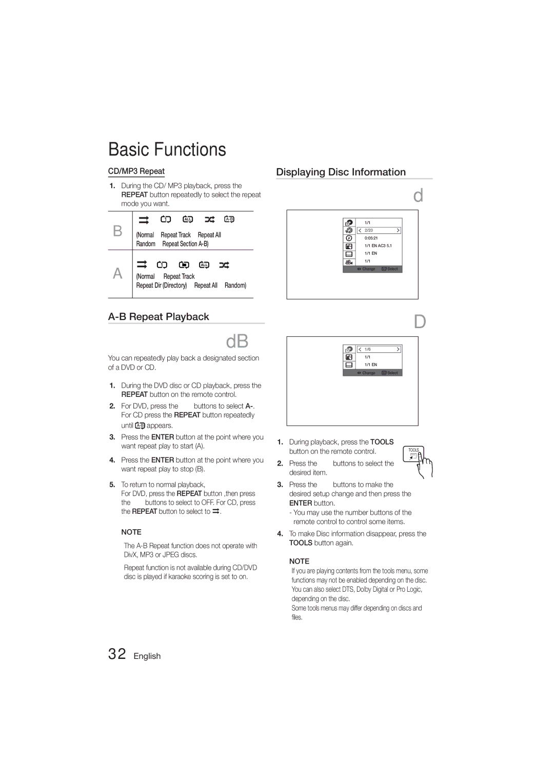 Samsung HT-ES455K/XV manual Displaying Disc Information, CD/MP3 Repeat, Repeat All, Repeat Section A-B, Repeat Track 