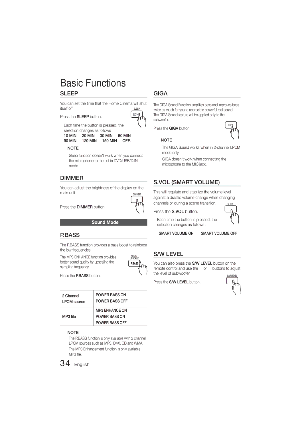 Samsung HT-ES455K/XV, HT-ES455K/SQ manual Sound Mode, Press the S.VOL button 