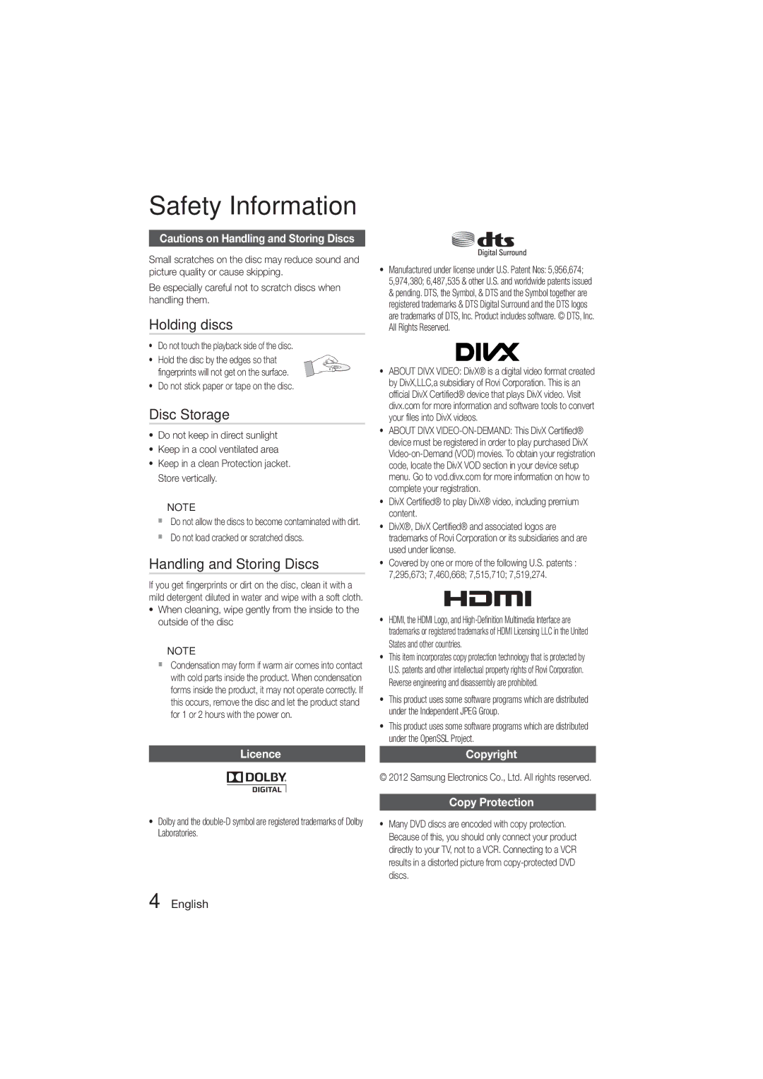 Samsung HT-ES455K/XV manual Holding discs, Disc Storage, Handling and Storing Discs, Licence, Copyright Copy Protection 