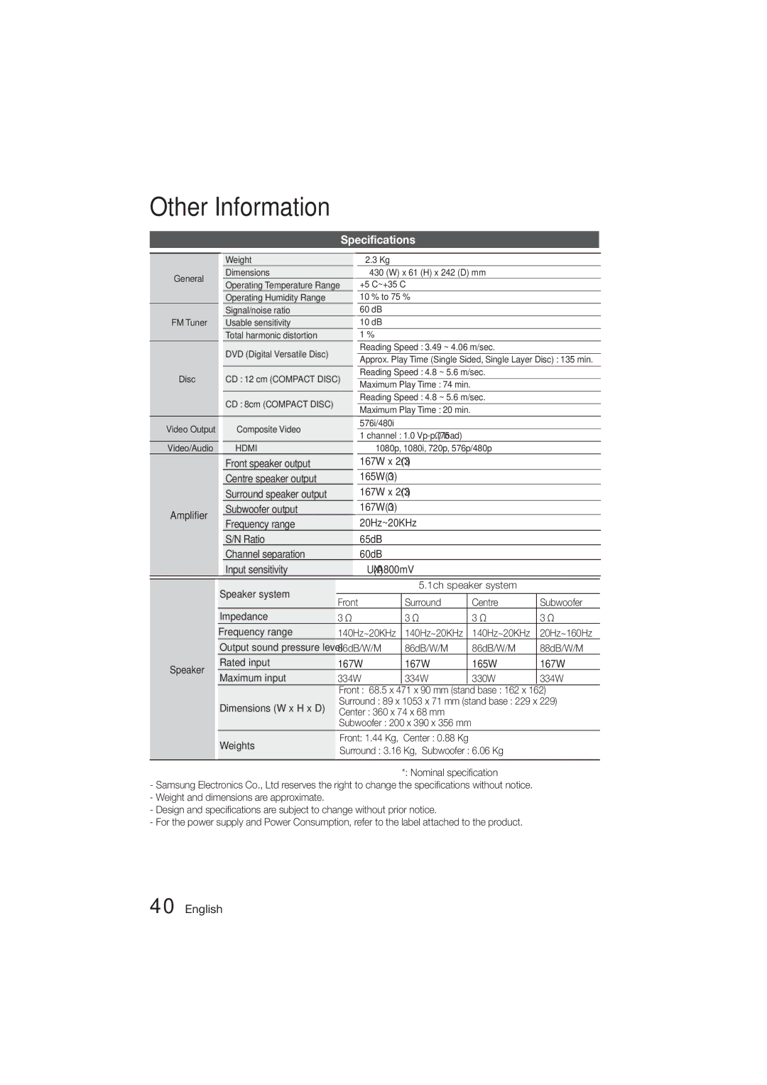 Samsung HT-ES455K/XV, HT-ES455K/SQ manual Specifications 