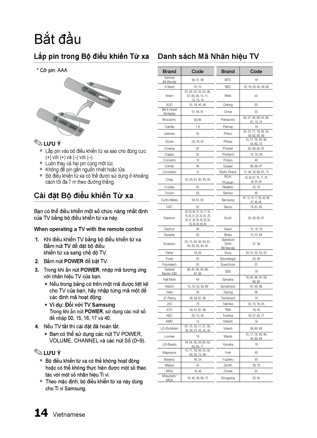 Samsung HT-ES455K/XV manual Cài đặt Bộ điều khiển Từ xa, Cỡ pin AAA, Ví dụ Đối với TV Samsung 