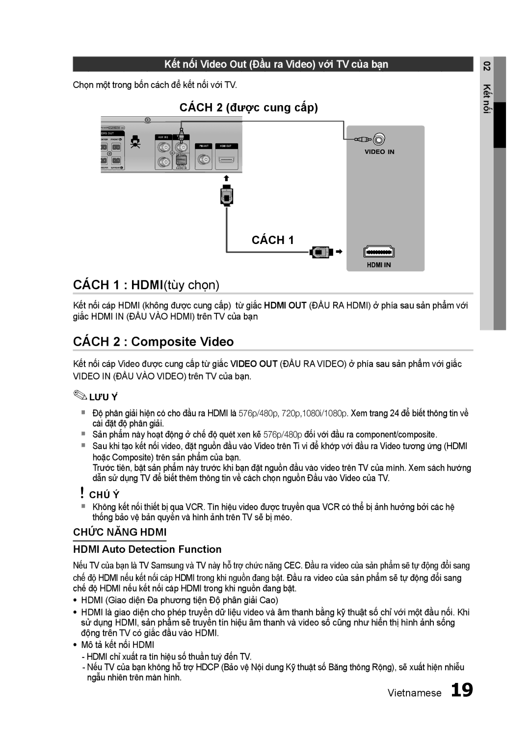 Samsung HT-ES455K/XV CÁ́CH 1 HDMItùy chọn, CÁ́CH 2 Composite Video, Kết nối Video Out Đầ̀u ra Video vớ́i TV của bạn 