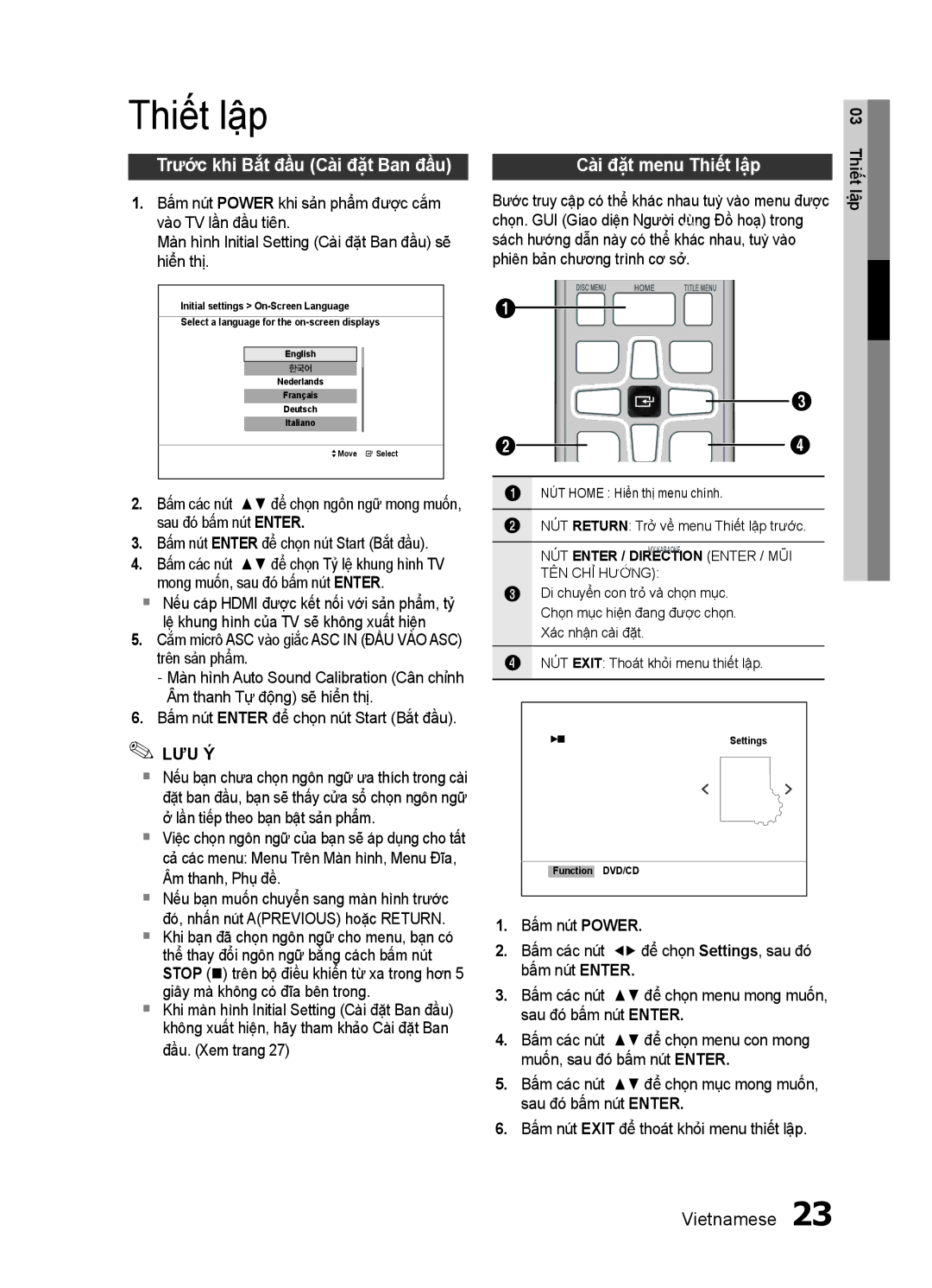 Samsung HT-ES455K/XV manual Trước khi Bắt đầu Cài đặt Ban đầu, Cài đặt menu Thiết lập, Đầu. Xem trang 