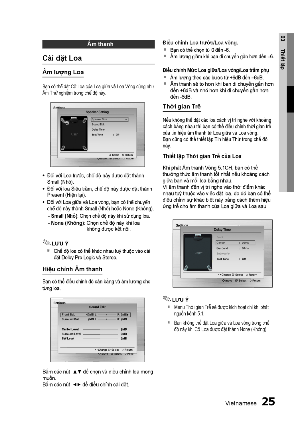 Samsung HT-ES455K/XV manual Cài đặt Loa, Âm thanh 