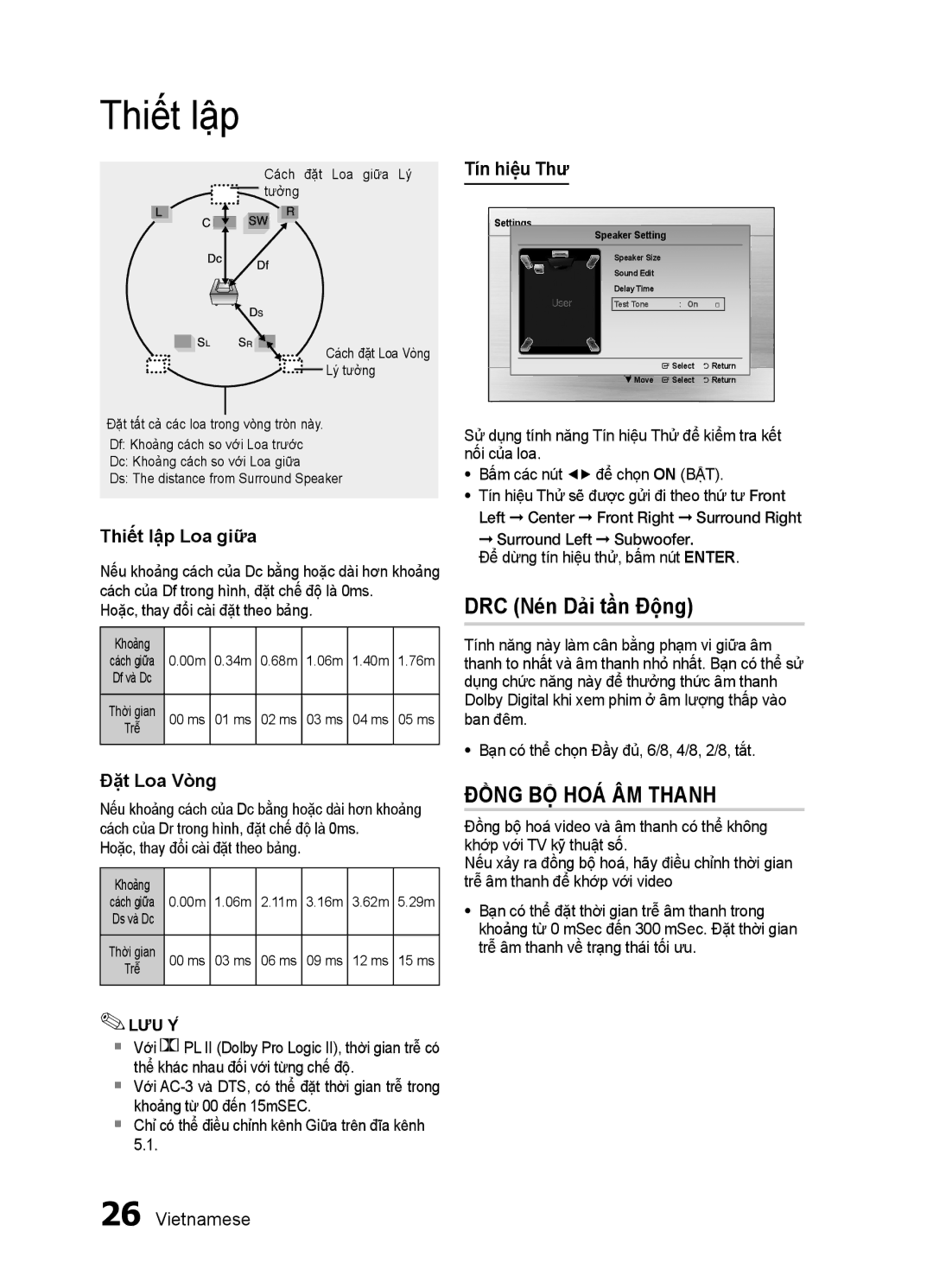 Samsung HT-ES455K/XV manual DRC Nén Dải tần Động, Thiết lập Loa giữa, Đặt Loa Vòng, Tín hiệu Thư 