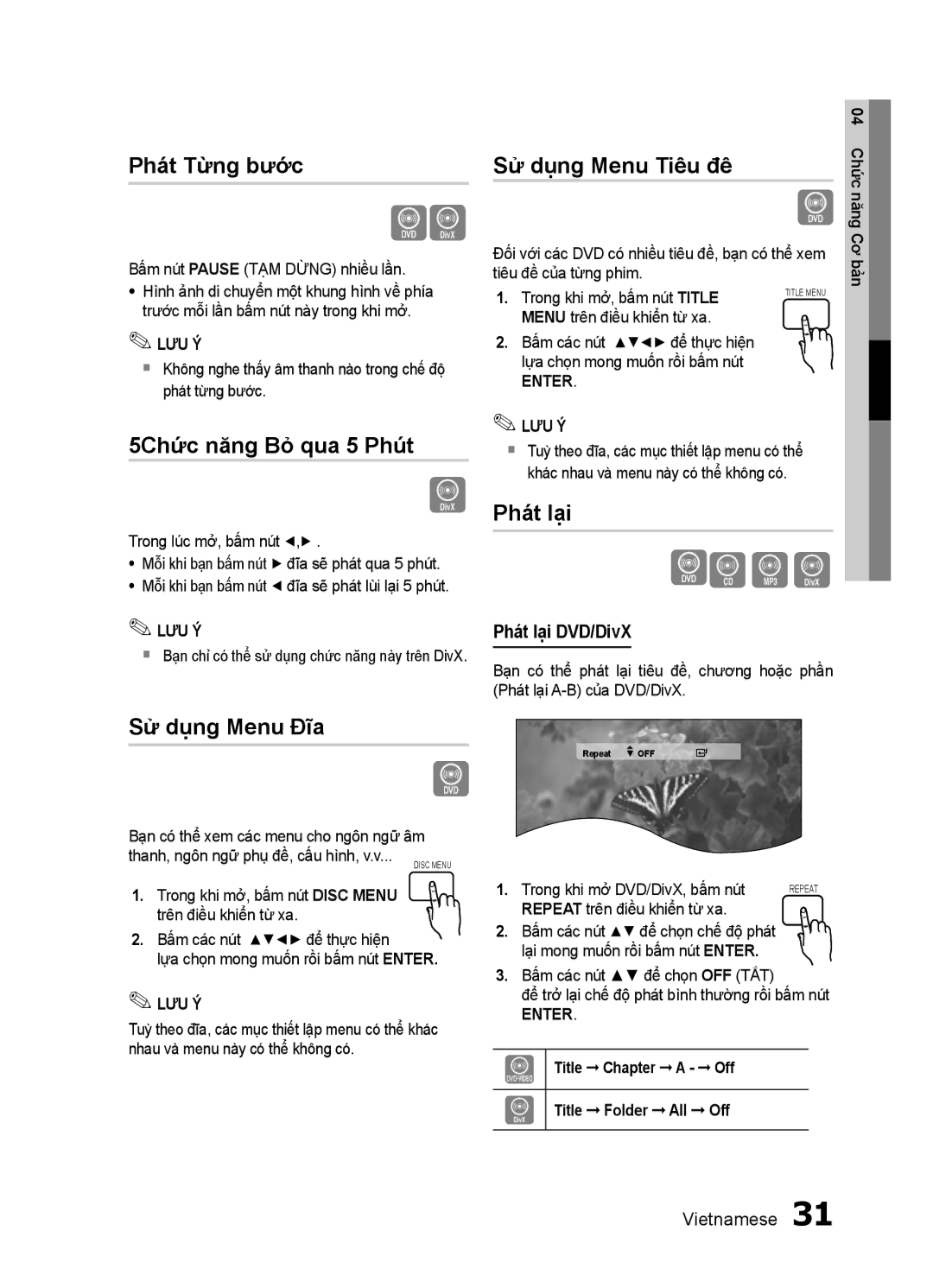 Samsung HT-ES455K/XV manual Phát Từng bước, 5Chức năng Bỏ qua 5 Phút, Sử dụng Menu Tiêu đê, Phát lại 