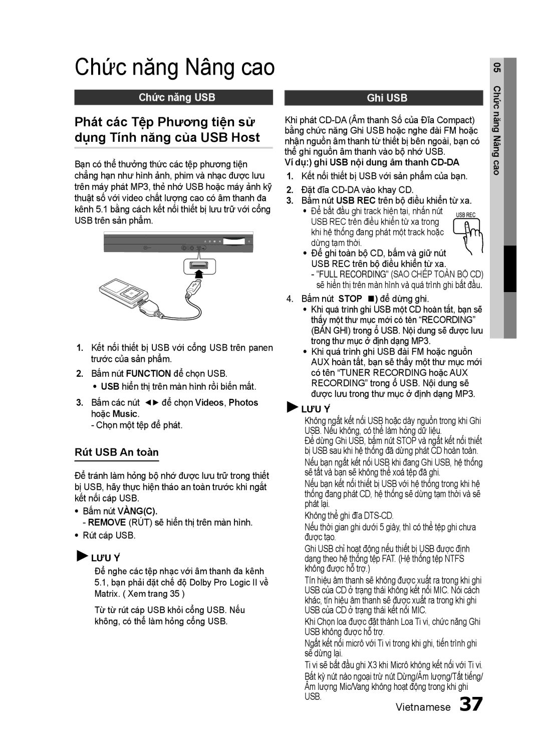 Samsung HT-ES455K/XV manual Chức năng USB, Rút USB An toàn, Ghi USB, Ví dụ ghi USB nội dung âm thanh CD-DA 