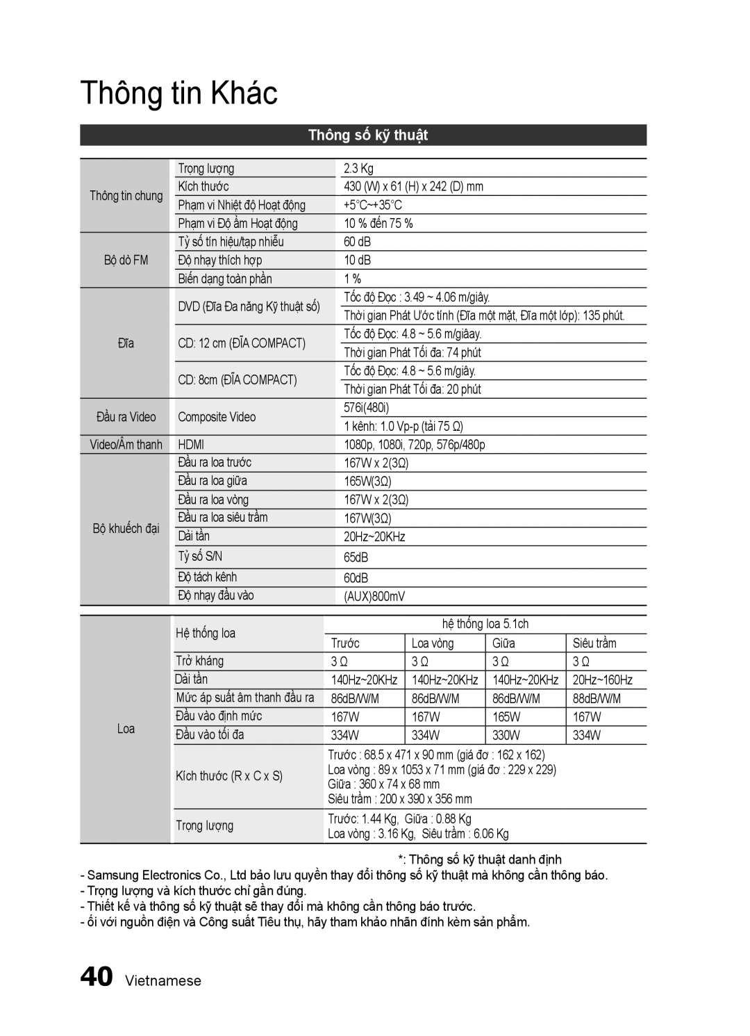 Samsung HT-ES455K/XV manual Thông số kỹ thuật 