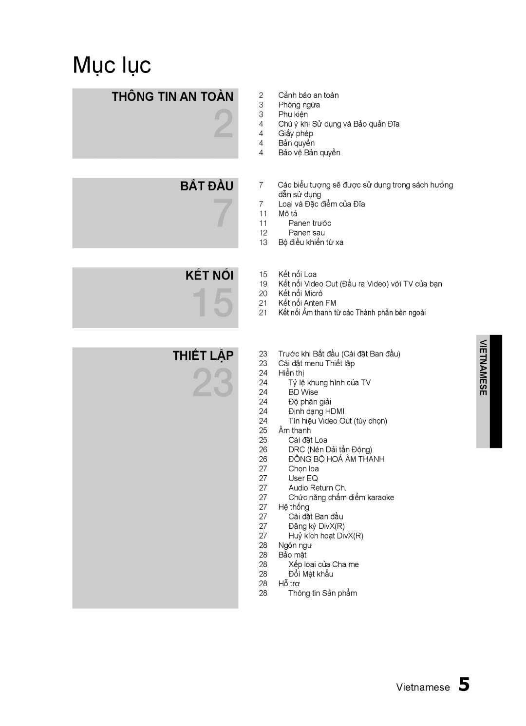 Samsung HT-ES455K/XV manual Mục lục, Thông tin An toàn Bắt đầu Kết nối Thiết lập 