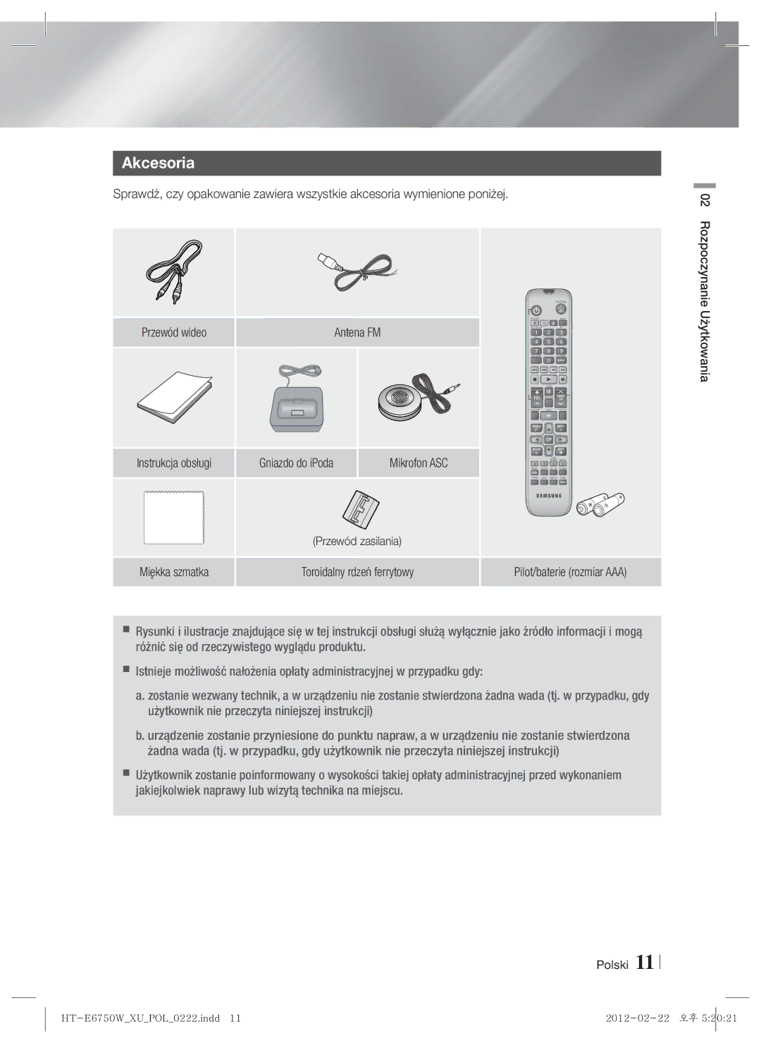 Samsung HT-E6750W/EN, HT-ES6200/EN manual Akcesoria, Gniazdo do iPoda Mikrofon ASC, Rozpoczynanie Użytkowania Polski 