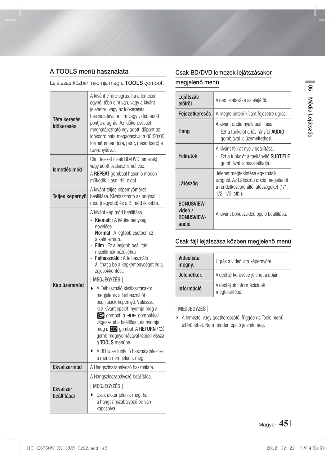Samsung HT-ES6200/EN, HT-E6750W/EN manual Tools menü használata, Csak BD/DVD lemezek lejátszásakor Megjelenő menü 