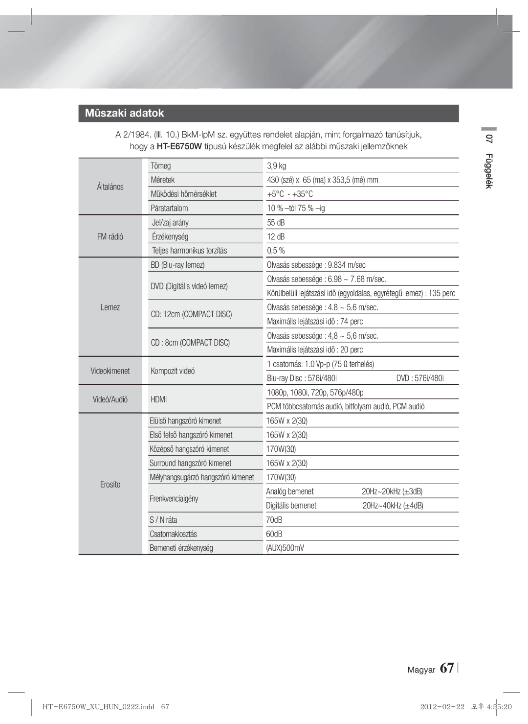 Samsung HT-ES6200/EN, HT-E6750W/EN manual Mûszaki adatok 