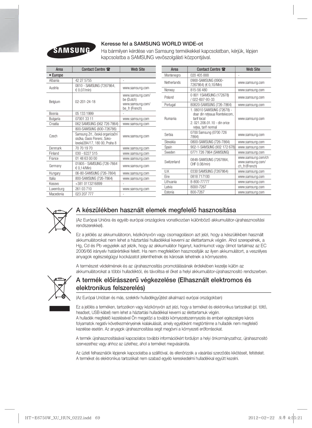 Samsung HT-ES6200/EN, HT-E6750W/EN Készülékben használt elemek megfelelő hasznosítása, Keresse fel a Samsung World WIDE-ot 