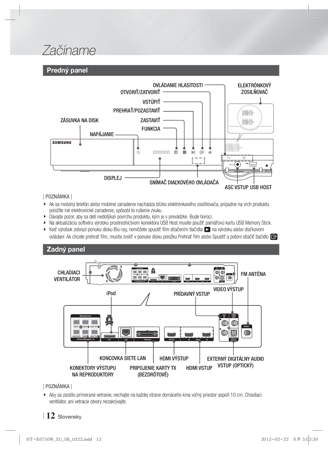 Samsung HT-ES6200/EN, HT-E6750W/EN manual Predný panel, Zadný panel 