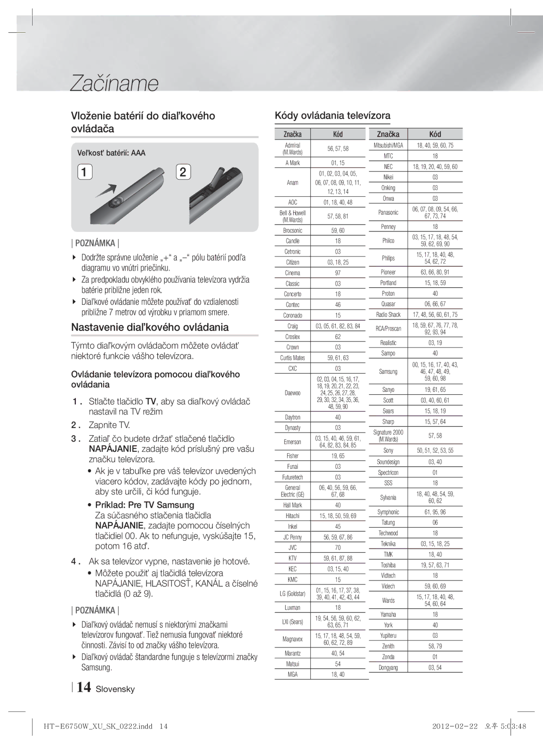 Samsung HT-ES6200/EN Vloženie batérií do diaľkového ovládača, Nastavenie diaľkového ovládania, Kódy ovládania televízora 