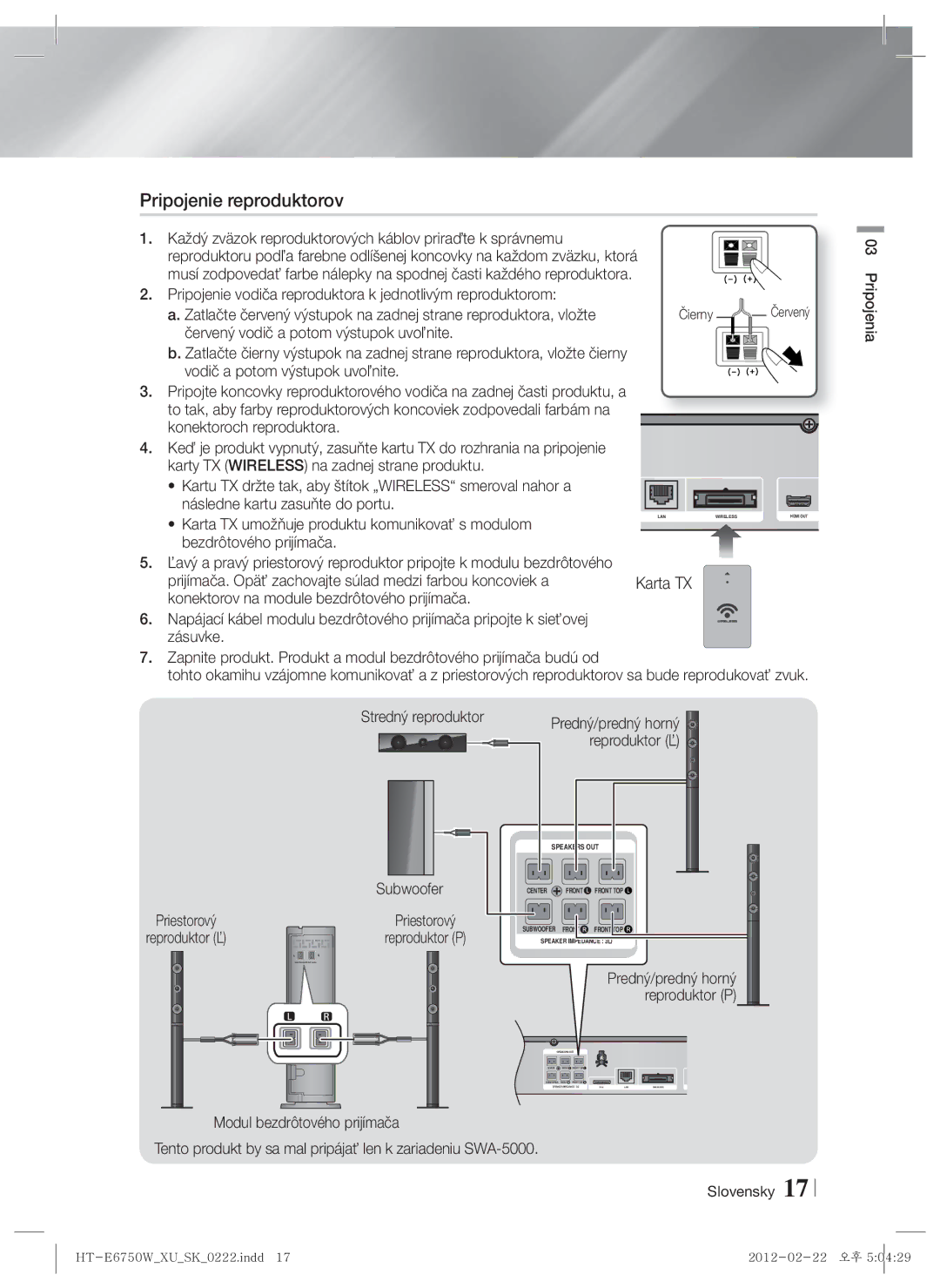 Samsung HT-E6750W/EN manual Pripojenie reproduktorov, Stredný reproduktor Subwoofer, Predný/predný horný, Reproduktor P 