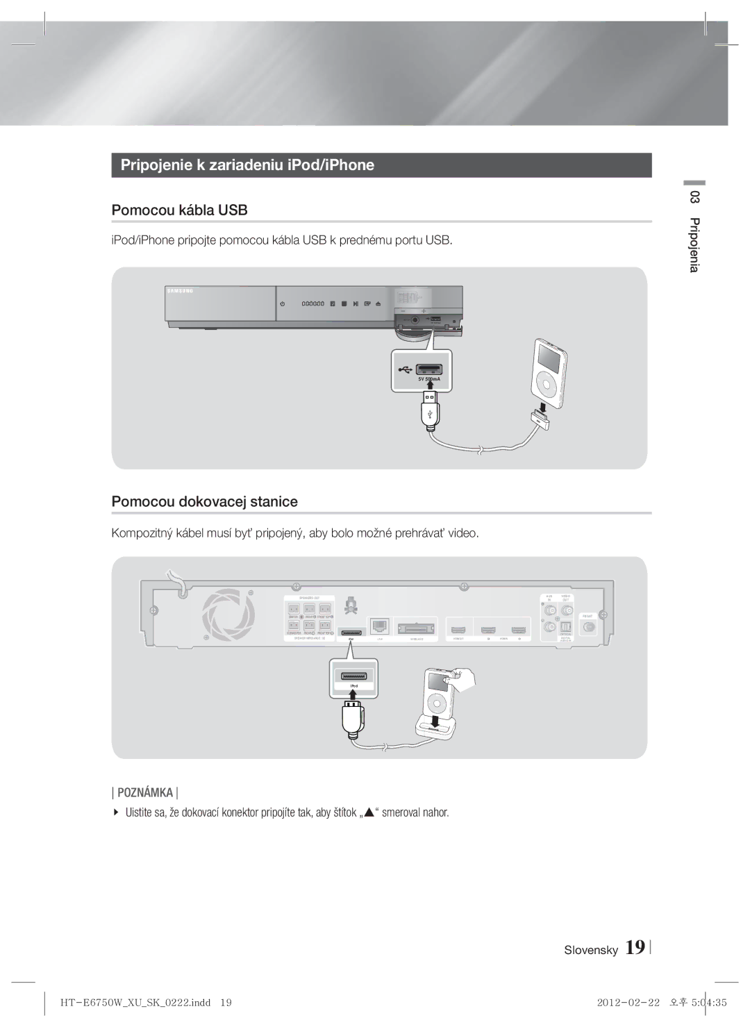 Samsung HT-E6750W/EN, HT-ES6200/EN manual Pripojenie k zariadeniu iPod/iPhone, Pomocou kábla USB, Pomocou dokovacej stanice 